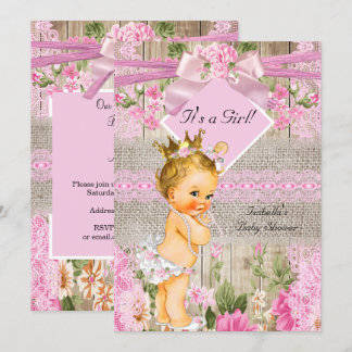 Rustikale rosa Holz-Jute Mädchen-Baby-Party Blond Einladung