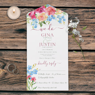 Rustikale rosa Nelken und Vergissmeinnicht zum Din All In One Einladung
