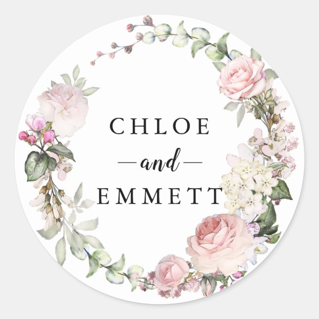Rustikale Rosa-Rose-Kranz-Gastgeschenk Hochzeit Runder Aufkleber (Vorderseite)