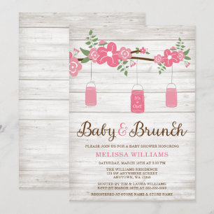 Rustikale rosa Weckglas-Mädchen-Brunch-Babyparty Einladung