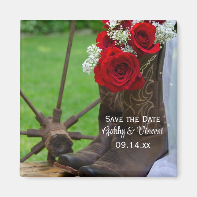 Rustikale Rose Cowboy Boots Hochzeit retten das Da Magnet (Vorne)
