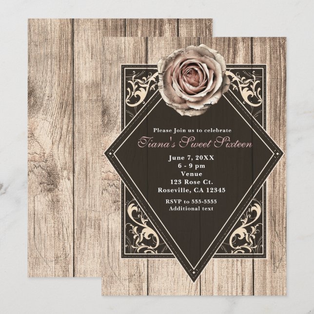Rustikale Rose Elegant Leichte Holz Diamant Einlad Einladung (Vorne/Hinten)