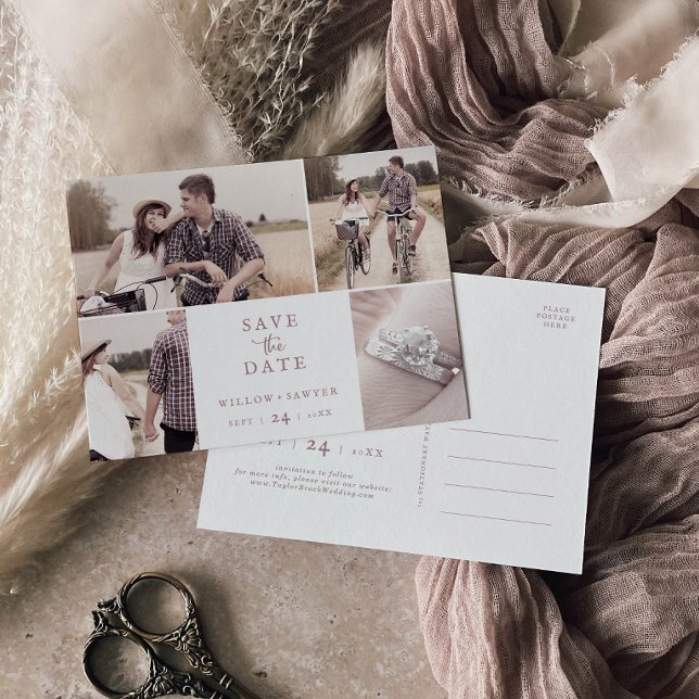 Rustikale Rose Gold 4 Fotovorlage Save the Date Einladungspostkarte (Von Creator hochgeladen)