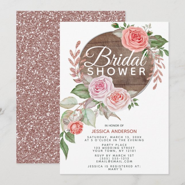 Rustikale Rose Gold Glitzer Brautparty Einladung (Vorne/Hinten)