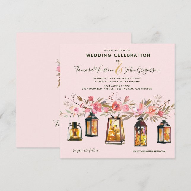 Rustikale Rose Gold Lanterns & Lights Blumenhochze Einladung (Vorne/Hinten)