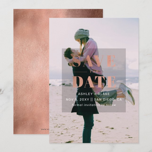 Rustikale Rose Gold Minimal Modernes Foto Save The Date (Vorne/Hinten)