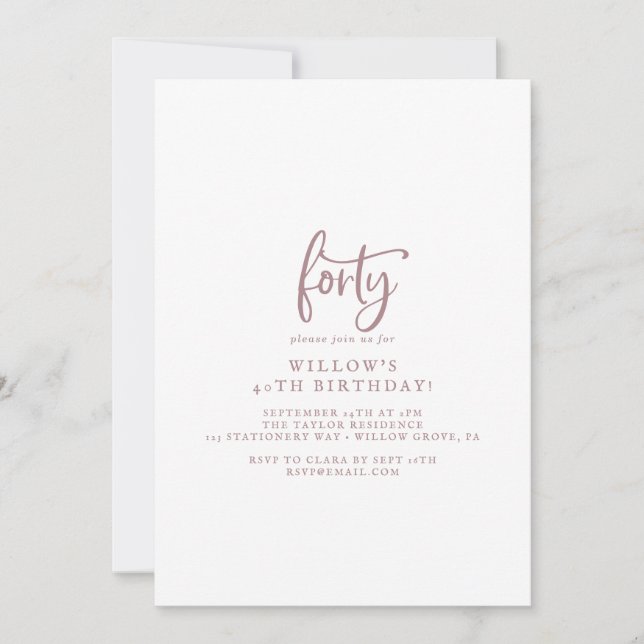 Rustikale Rose Gold Script 40. Geburtstag Party Einladung (Vorderseite)