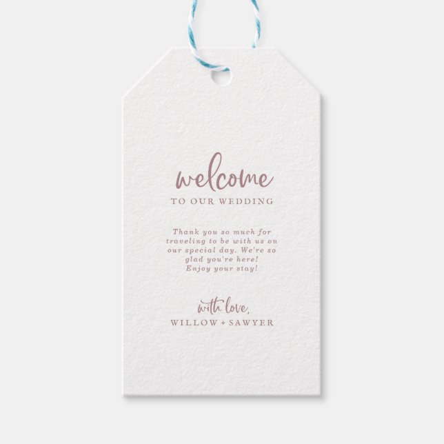 Rustikale Rose Gold Script Hochzeit Begrüßungsschi Geschenkanhänger (Vorderseite)