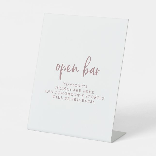 Rustikale Rose Gold Script Open Bar Sign Sockelschild (Vorderseite)