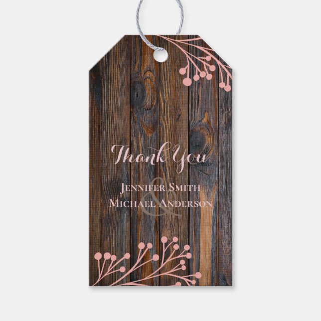 Rustikale ROSE GOLD Wedding Pink Wood Budget Geschenkanhänger (Vorderseite)