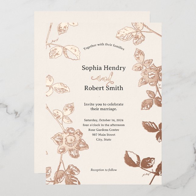 Rustikale Rose Gold Whimsical Floral Wedding Folieneinladung (Vorderseite/Rückseite)