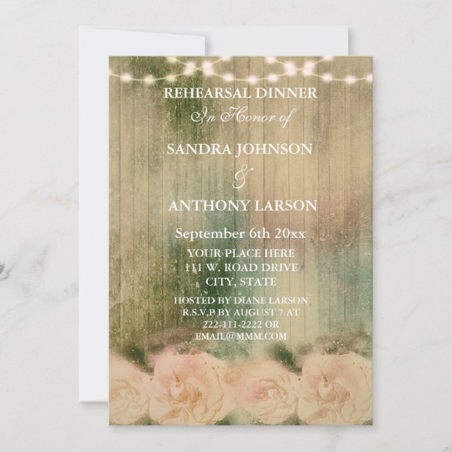 Rustikale Rose Hochzeit Probe Einladung (Vorderseite)