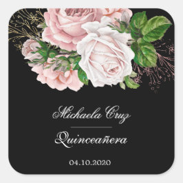 Rustikale Rose in schwarzem Quinceanera Quadratischer Aufkleber