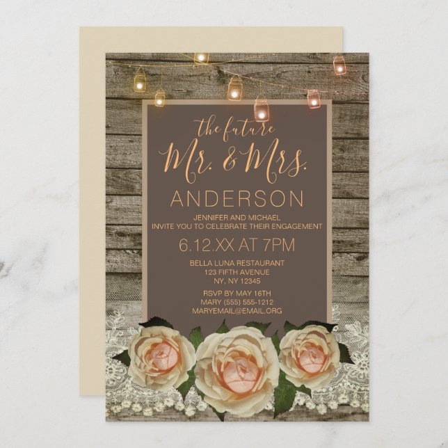 Rustikale Rose Lace Mason Jar String Light Verlobu Einladung (Vorne/Hinten)