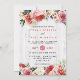 Rustikale Rose Rosa Blütenchic Weißholz Hochzeit Einladung