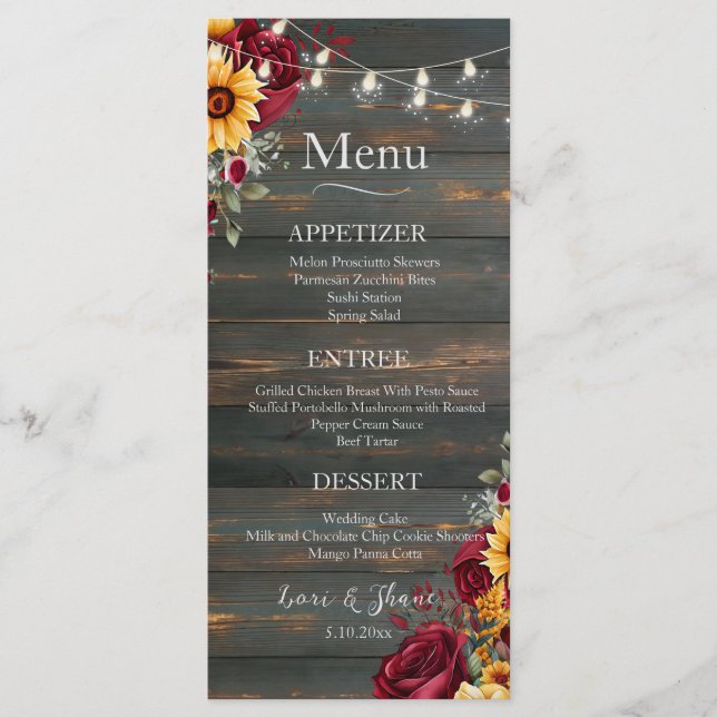 Rustikale Rose und Aster Wedding Menu Menükarte (Vorderseite)