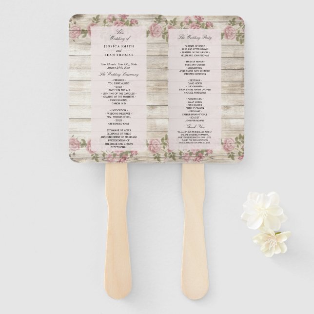 Rustikale Rose zum Hochzeitsprogramm für Holz Fächer (Vorne und Hinten)