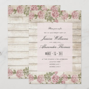 Rustikale Rosen auf Holz zum 1. Hochzeitstag Einladung