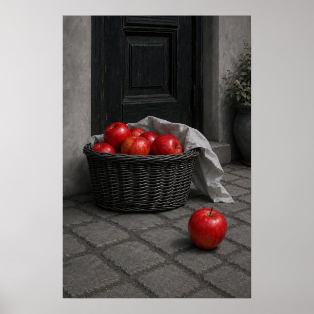 Rustikale rote Äpfel im Weidenkorb-Stillleben  Poster (Vorne)
