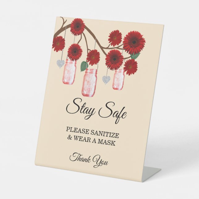 Rustikale Rote Blume Mason Jar Hochzeitsicherheit Sockelschild (Vorderseite)