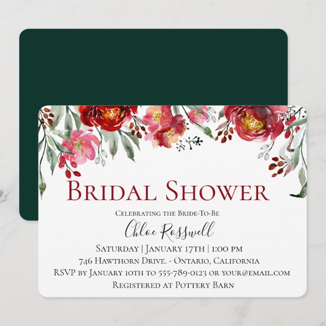 Rustikale Rote Floral Bouquet Bridal Dusche Einlad Einladung (Vorne/Hinten)
