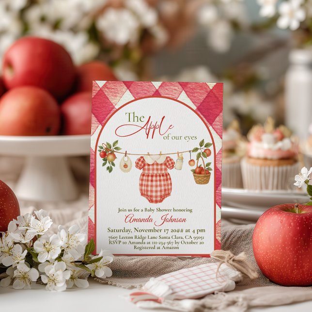 Rustikale rote Gingham-Wäscheleine Apfel-Baby-Part Einladung (Von Creator hochgeladen)