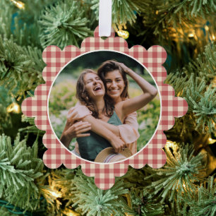Rustikale rote Gingham-Weihnachtsfotos modern Ornament Karte