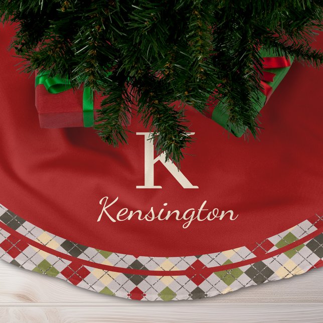 Rustikale Rote Grüne Raute Weihnachtsmonogramm Polyester Weihnachtsbaumdecke (Rustic Red Green Argyle Christmas Monogram Brushed Polyester Tree Skirt)