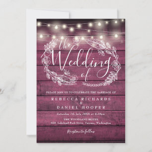 Rustikale rote Holz-Lichterketten Schrift Hochzeit Einladung