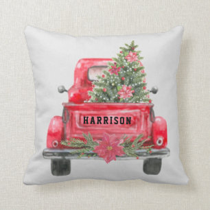 Rustikale rote LKW Familienname Weihnachtsbaum Kissen