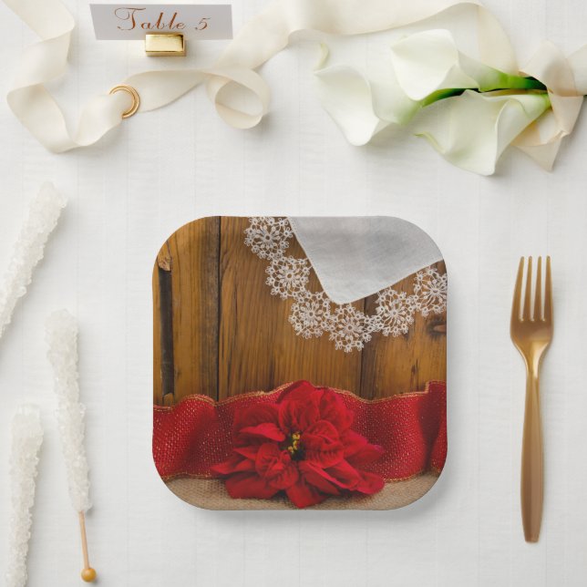 Rustikale Rote Poinsettia Country Winter Wedding Pappteller (Hochzeit)