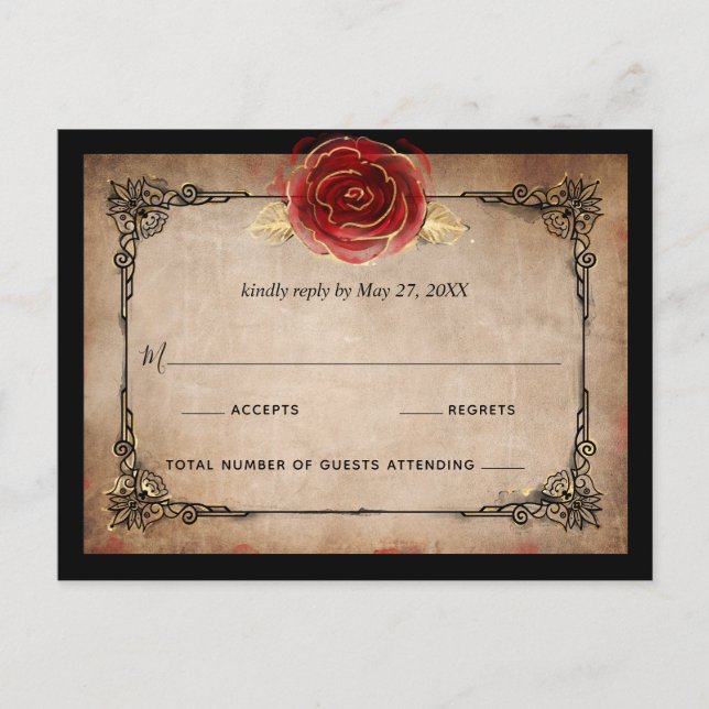 Rustikale Rote Rose Gold Schwarz Elegante Hochzeit Postkarte (Vorderseite)