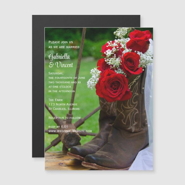 Rustikale Rote Rosen und Cowboy Boots Country Wedd Magneteinladung (Vorne/Hinten)