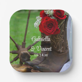 Rustikale Rote Rosen und Cowboy Boots Western Wedd Pappteller