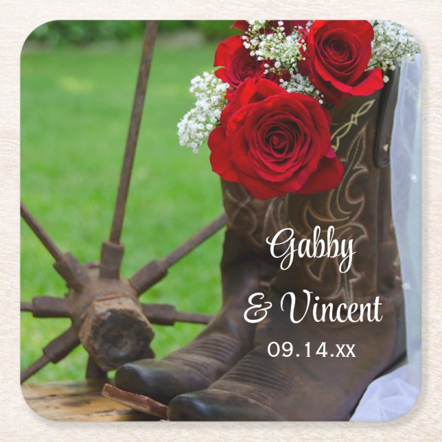 Rustikale Rote Rosen und Cowboy Boots Western Wedd Rechteckiger Pappuntersetzer (Vorderseite)