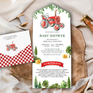 Rustikale rote Traktor-Baby-Party All In One Einladung
