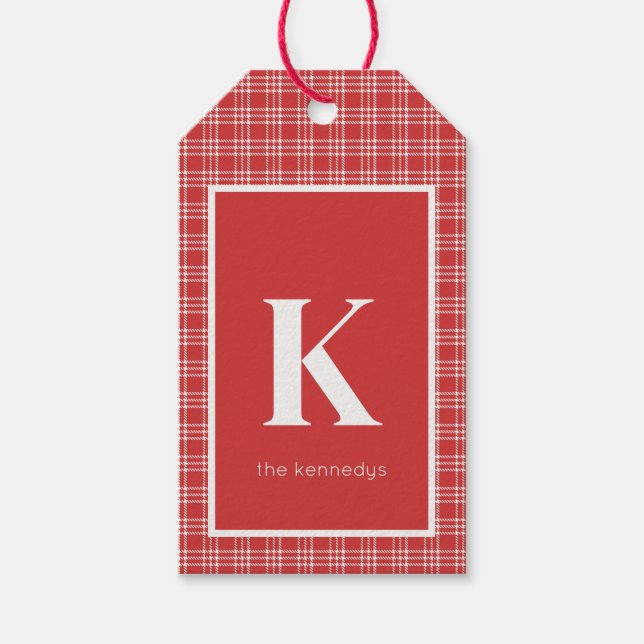 Rustikale rote und Karierte Monogramm Geschenkanhänger (Vorderseite)