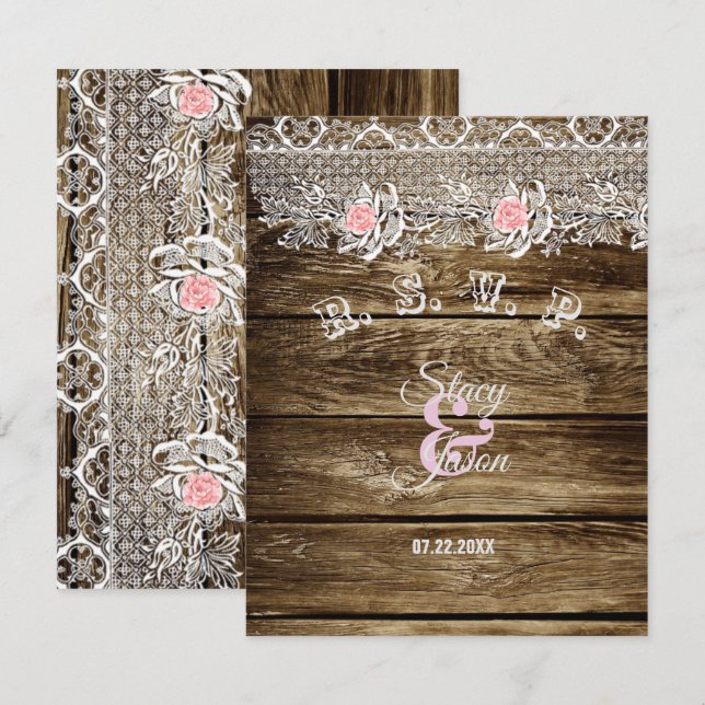 Rustikale RSVP-Karte für Holz und Spitzen RSVP Karte (Vorne/Hinten)