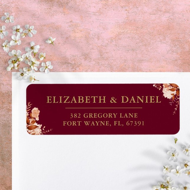 Rustikale Rücksendeadresse für brasilianische Hoch (Rustic Floral Burgundy Gold Wedding Return Address Label)