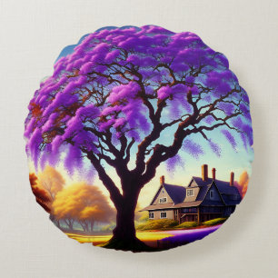 **"Rustikale Ruhe: Die Lila Jacaranda Embrace Rundes Kissen