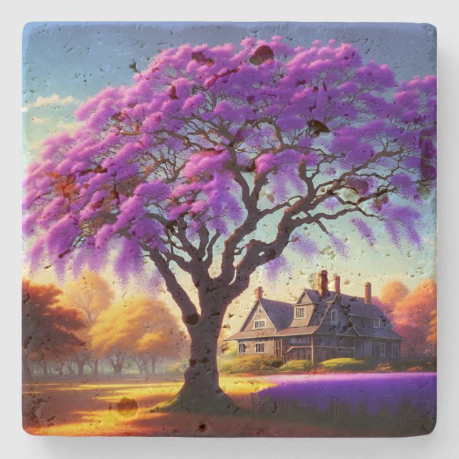 **"Rustikale Ruhe: Die Lila Jacaranda Embrace Steinuntersetzer (Vorderseite)