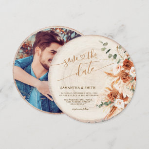 Rustikale, runde, holzgeschnittene Körner Save the Einladung