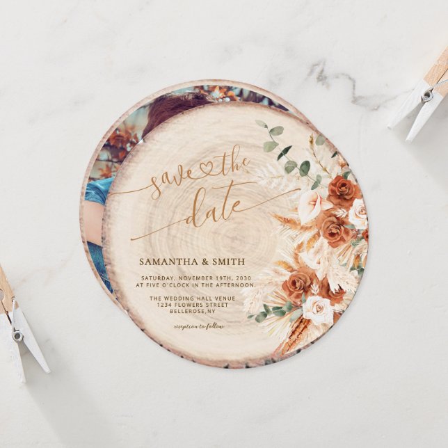 Rustikale, runde, holzgeschnittene Körner Save the Einladung (Vorderseite/Rückseite Beispiel)