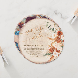 Rustikale, runde, holzgeschnittene Körner Save the Einladung