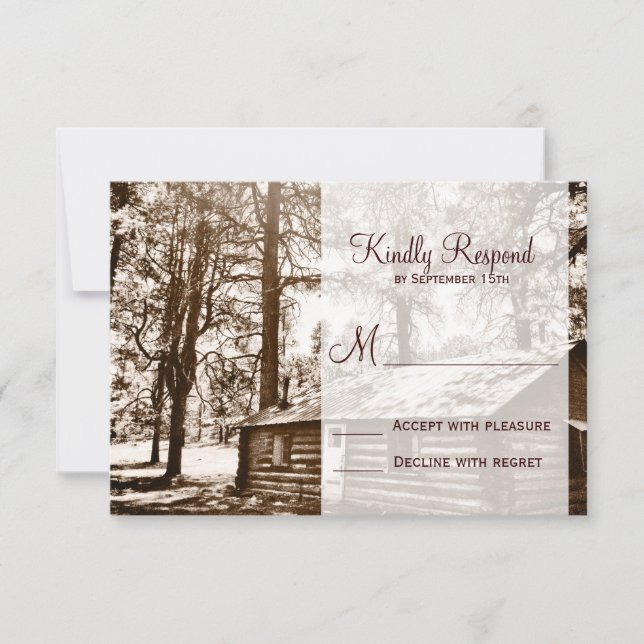 Rustikale Rundholzkabine Sepia HochzeitsrSVP Karte (Vorderseite)