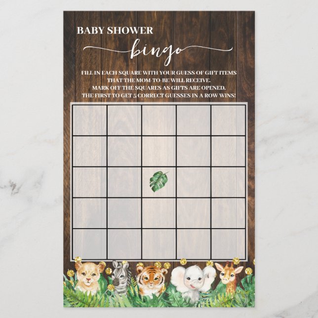 Rustikale Safari Animals Baby Showroom Bingo Game  Flyer (Vorne)