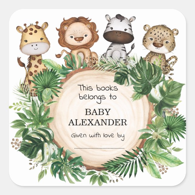 Rustikale Safari Jungle Animals Bücher für Babydus Quadratischer Aufkleber (Vorderseite)