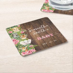 Rustikale Safari-Tiere Rosa Baby Shower Party-Deko Rechteckiger Pappuntersetzer