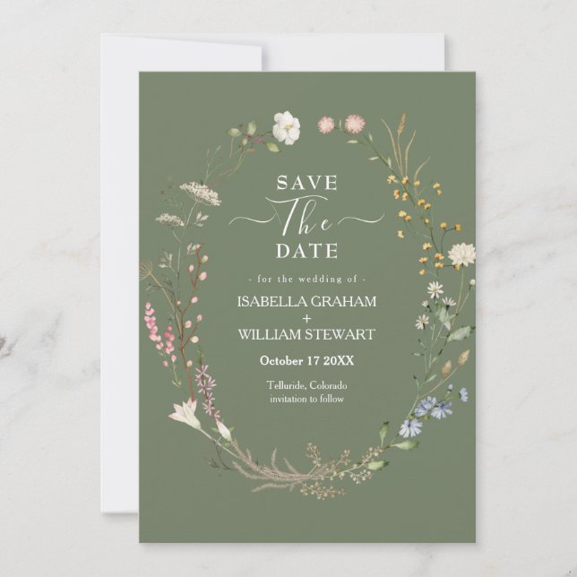 Rustikale Sage Green Boho Wildblume Save the Date Einladung (Vorderseite)