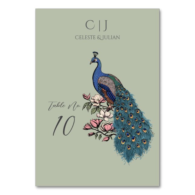 Rustikale Sage Green Peacock Wedding Tischnummer (Vorderseite)